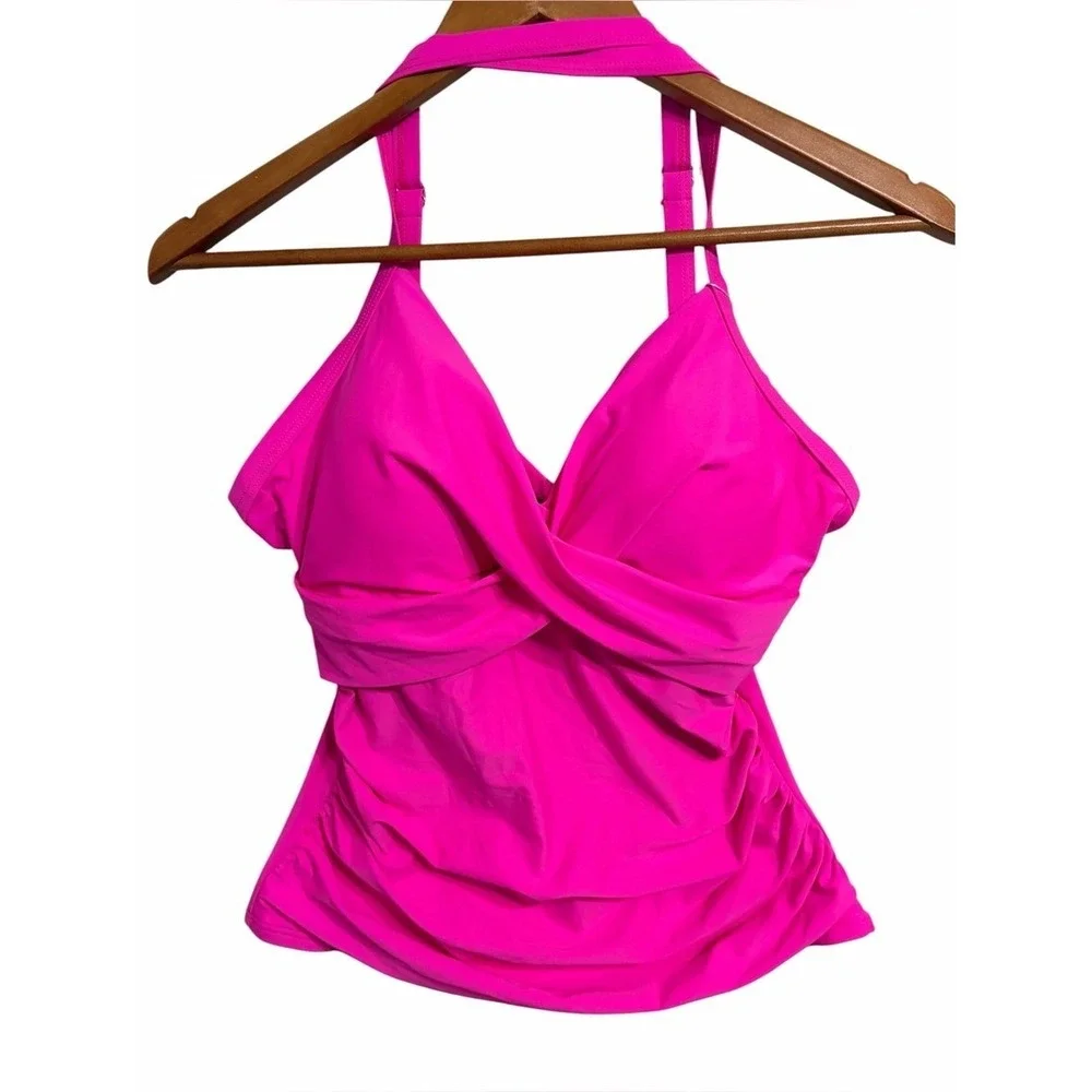 B2prity Bright Hot Pink Halter Swim Tankini Top - Picture 2 of 4